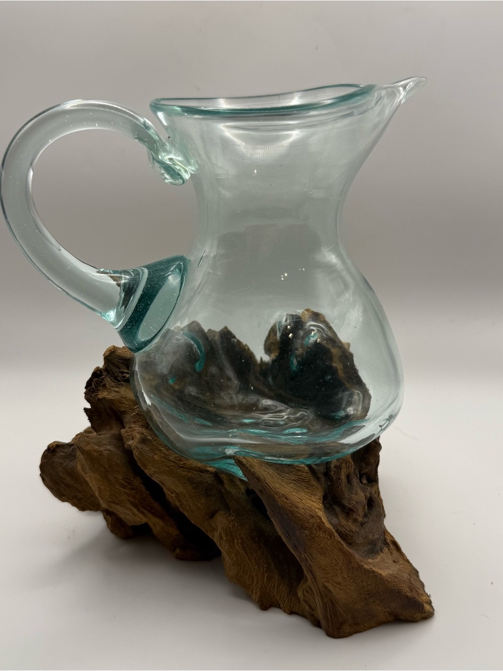 Handblown Aqua Glass Pitcher on Driftwood Base - Home Art